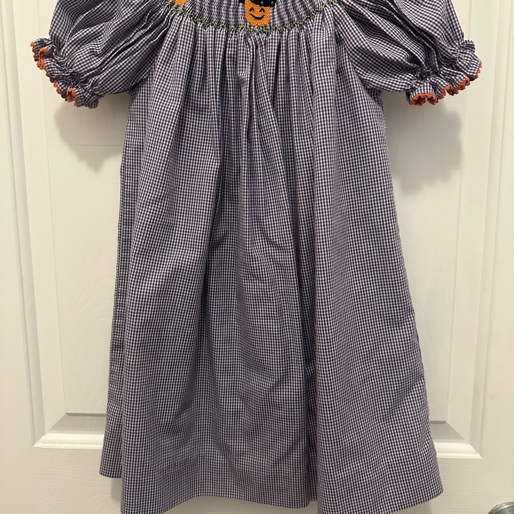 Purple Gingham Smocked Dress with Pumpkin Embroidery